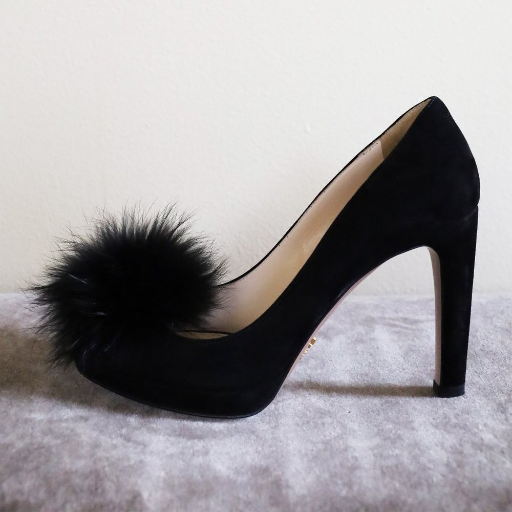 Prada Black Suede Pump with Fur Toe Puff